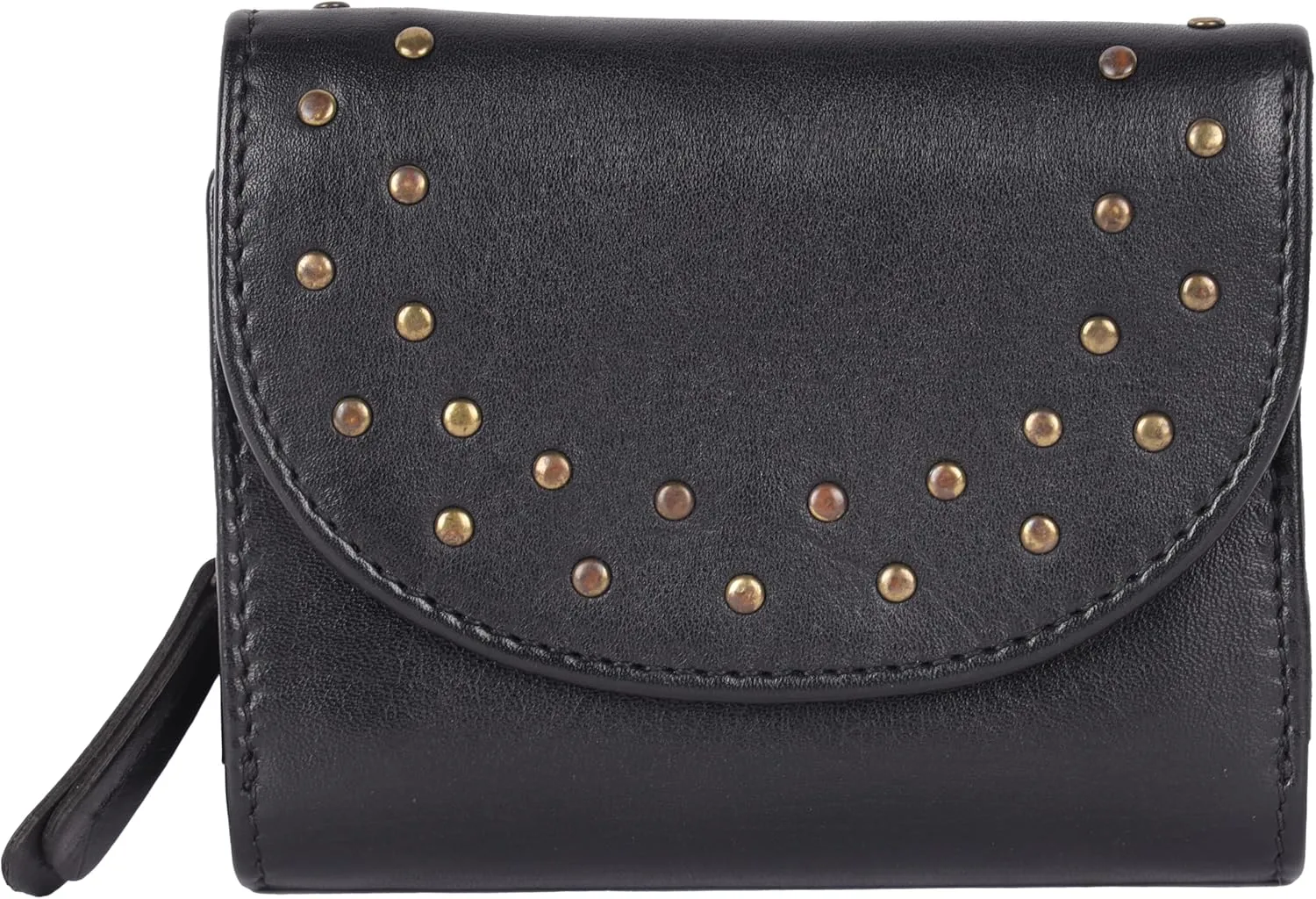 Genuine Italian Leather Boho Studded Trifold Double Flap Closure Wallet  Zipper Coin Purse & Credit Card Holder for Women (Black)