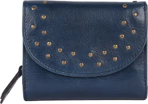 Genuine Italian Leather Boho Studded Trifold Double Flap Closure Wallet  Zipper Coin Purse & Credit Card Holder for Women (Navy)