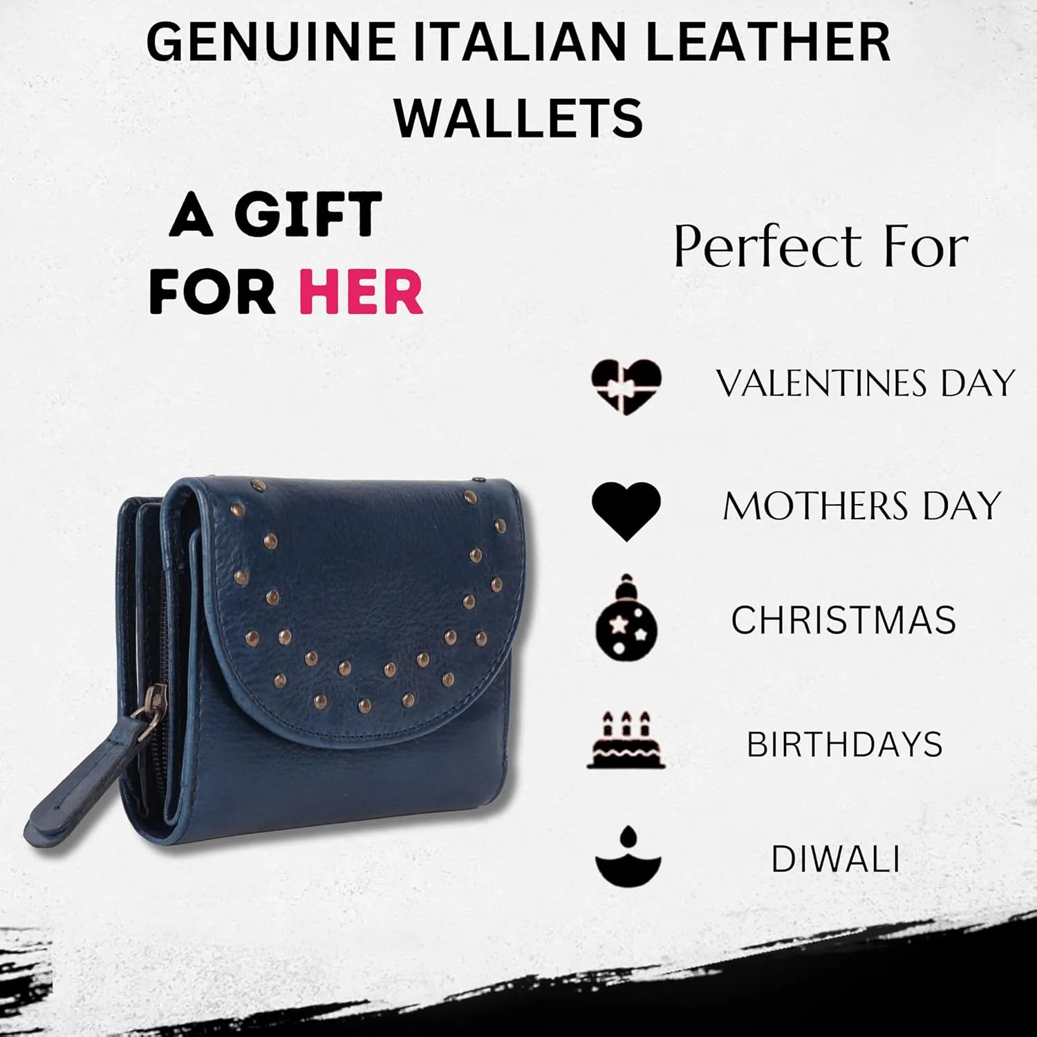 Genuine Italian Leather Boho Studded Trifold Double Flap Closure Wallet  Zipper Coin Purse & Credit Card Holder for Women (Navy)
