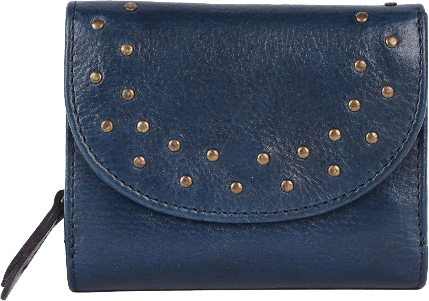 Genuine Italian Leather Boho Studded Trifold Double Flap Closure Wallet  Zipper Coin Purse & Credit Card Holder for Women (Navy)