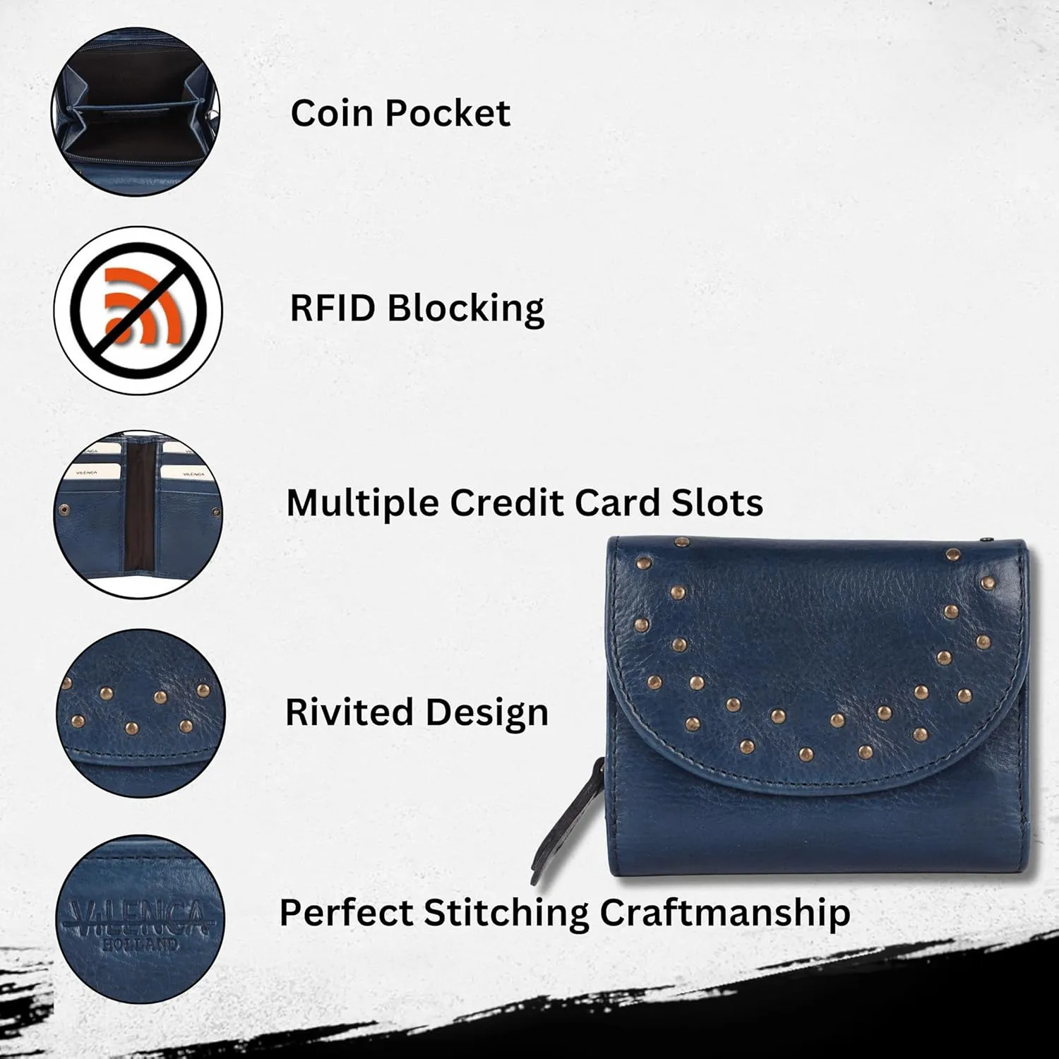 Genuine Italian Leather Boho Studded Trifold Double Flap Closure Wallet  Zipper Coin Purse & Credit Card Holder for Women (Navy)