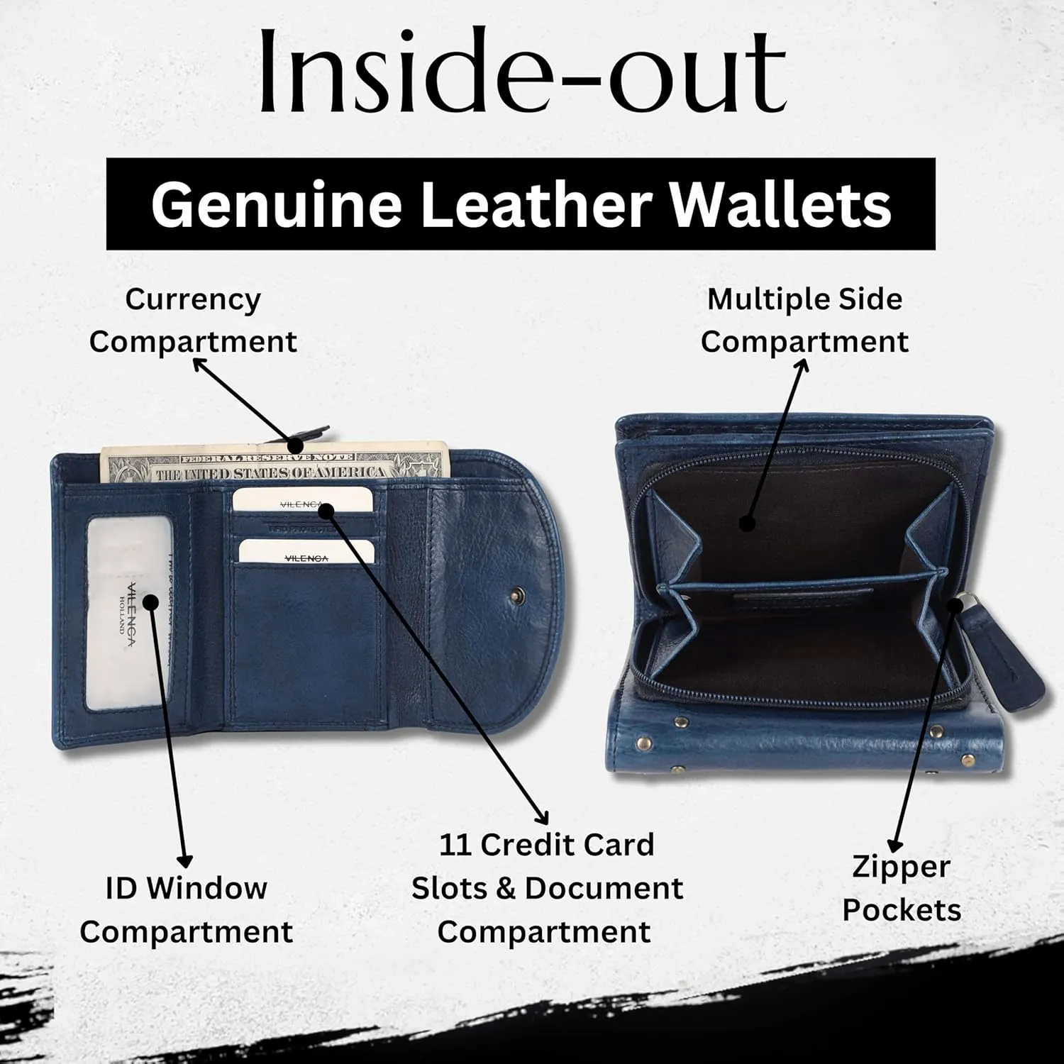 Genuine Italian Leather Boho Studded Trifold Double Flap Closure Wallet  Zipper Coin Purse & Credit Card Holder for Women (Navy)