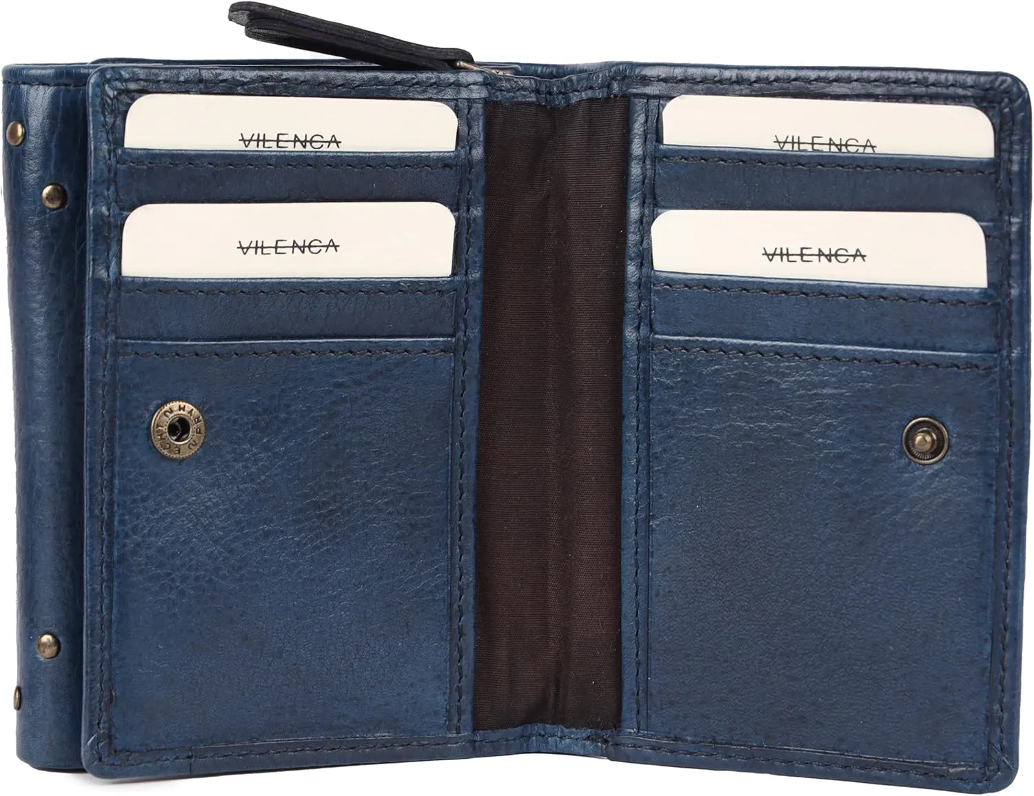 Genuine Italian Leather Boho Studded Trifold Double Flap Closure Wallet  Zipper Coin Purse & Credit Card Holder for Women (Navy)