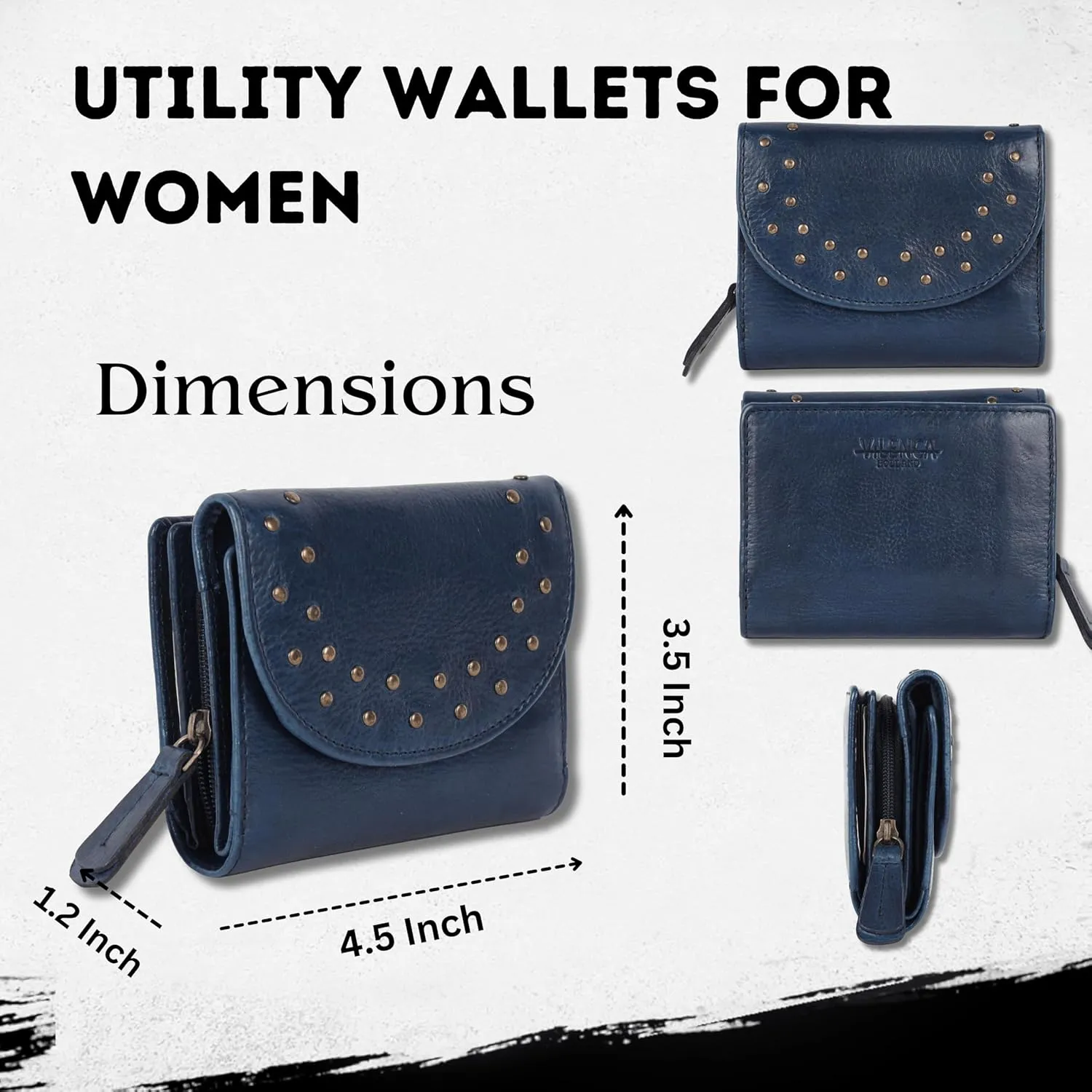 Genuine Italian Leather Boho Studded Trifold Double Flap Closure Wallet  Zipper Coin Purse & Credit Card Holder for Women (Navy)