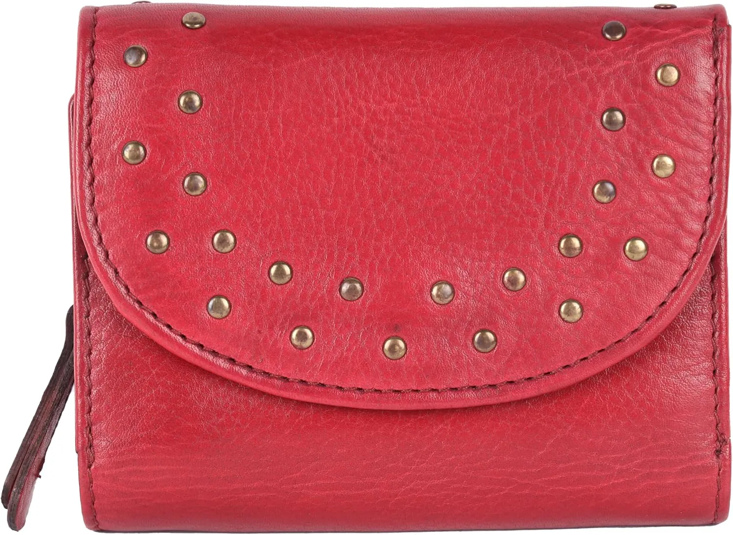 Genuine Italian Leather Boho Studded Trifold Double Flap Closure Wallet  Zipper Coin Purse & Credit Card Holder for Women (Red)