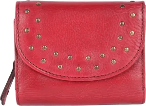Genuine Italian Leather Boho Studded Trifold Double Flap Closure Wallet  Zipper Coin Purse & Credit Card Holder for Women (Red)