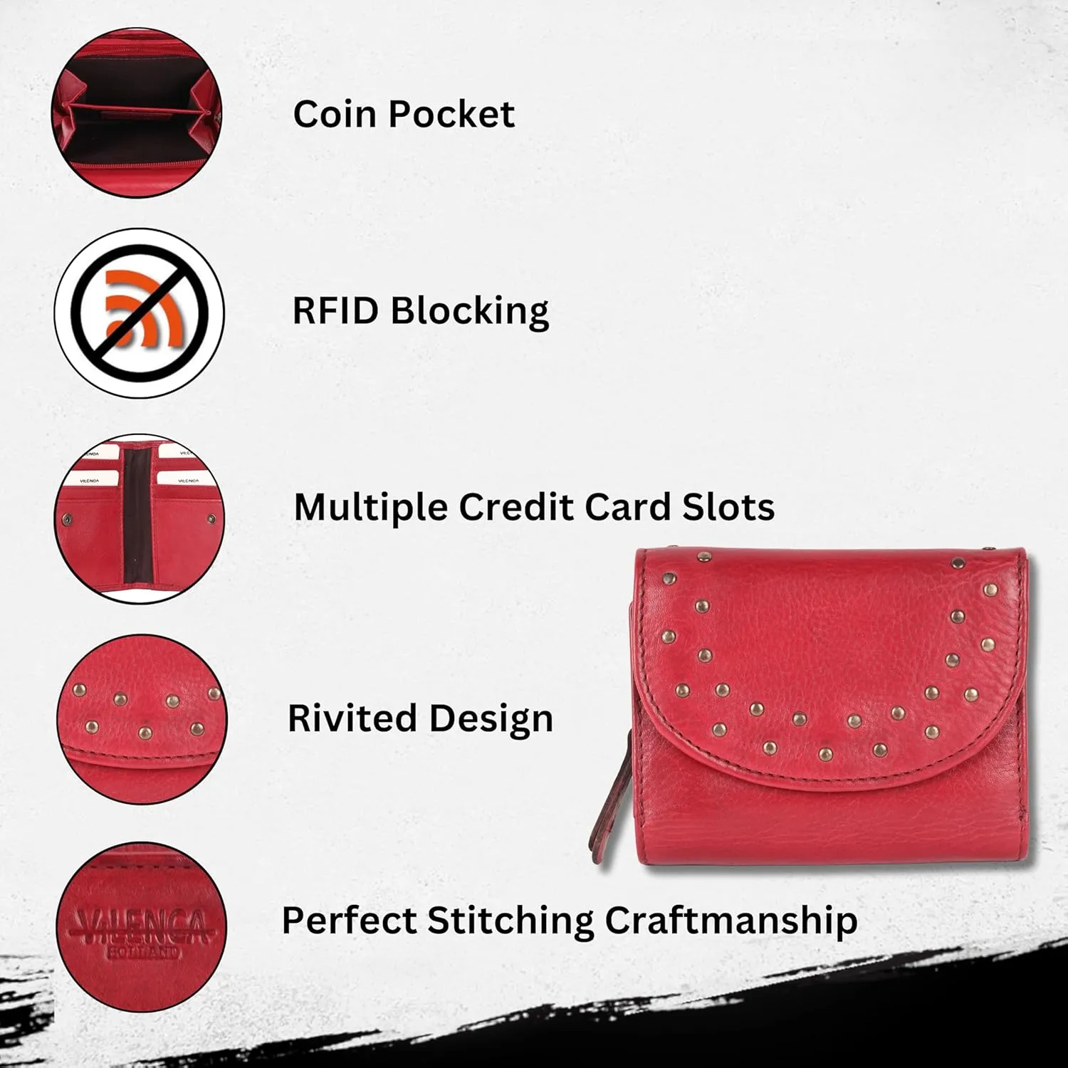 Genuine Italian Leather Boho Studded Trifold Double Flap Closure Wallet  Zipper Coin Purse & Credit Card Holder for Women (Red)