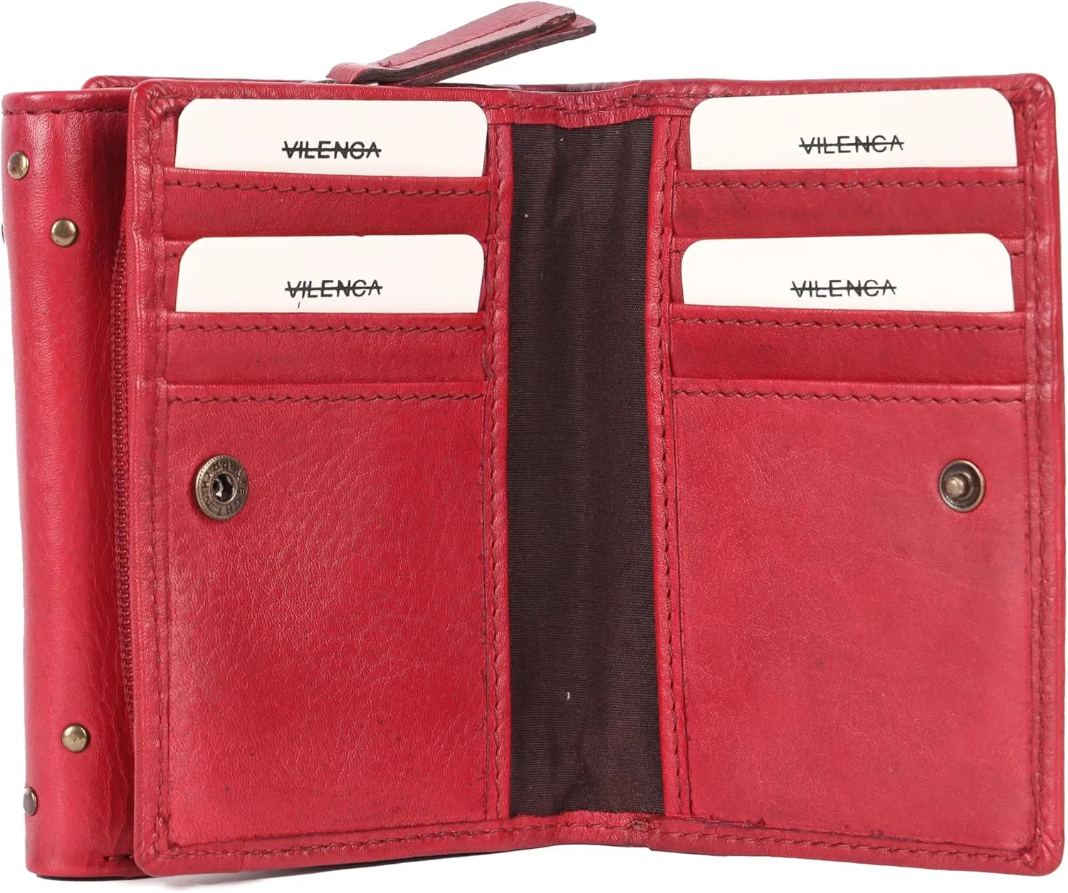 Genuine Italian Leather Boho Studded Trifold Double Flap Closure Wallet  Zipper Coin Purse & Credit Card Holder for Women (Red)