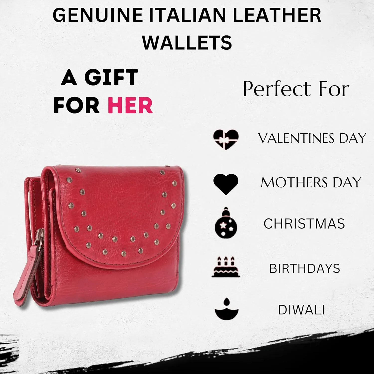 Genuine Italian Leather Boho Studded Trifold Double Flap Closure Wallet  Zipper Coin Purse & Credit Card Holder for Women (Red)