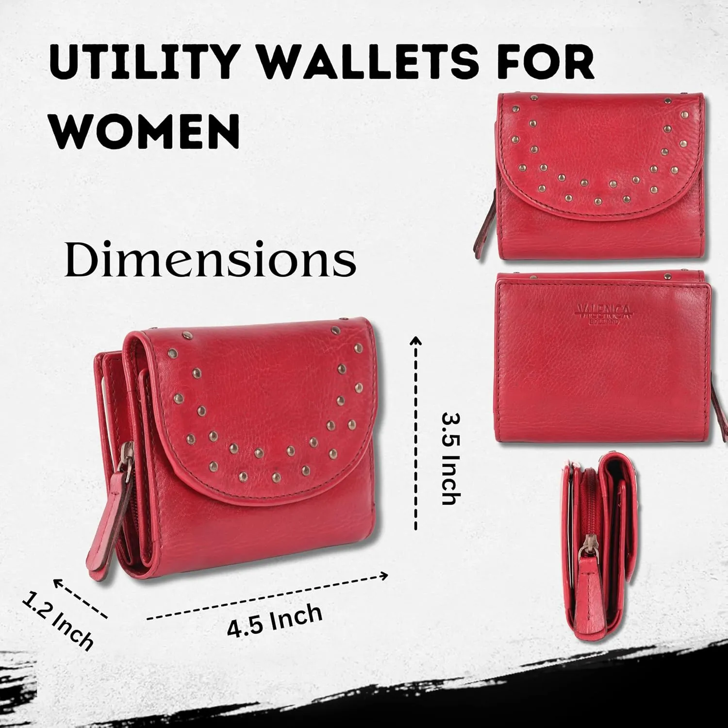 Genuine Italian Leather Boho Studded Trifold Double Flap Closure Wallet  Zipper Coin Purse & Credit Card Holder for Women (Red)