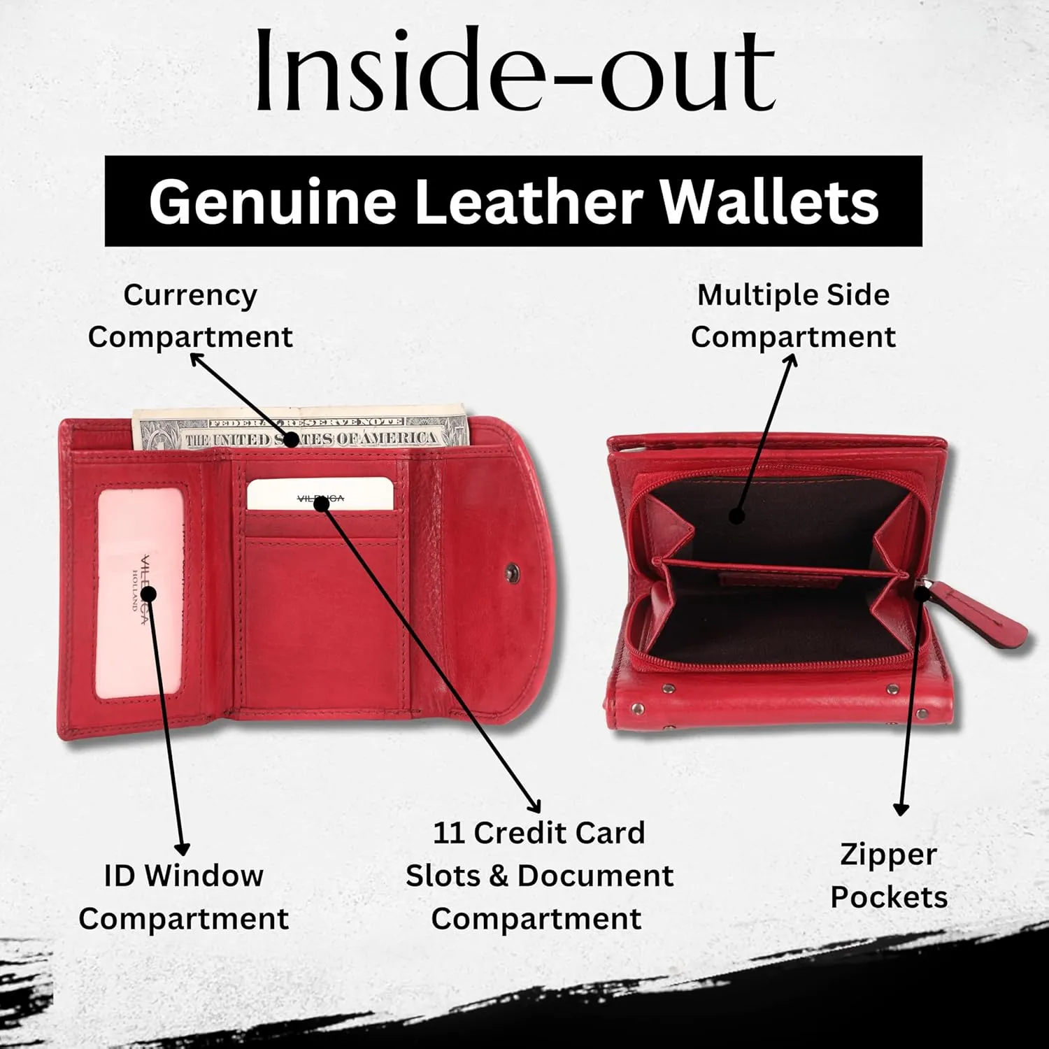 Genuine Italian Leather Boho Studded Trifold Double Flap Closure Wallet  Zipper Coin Purse & Credit Card Holder for Women (Red)
