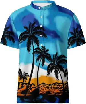 Hawaiian Mens Henley Polo Shirts Short Sleeve Quick Dry Funny Print Casual Collarless Golf Shirts for Men