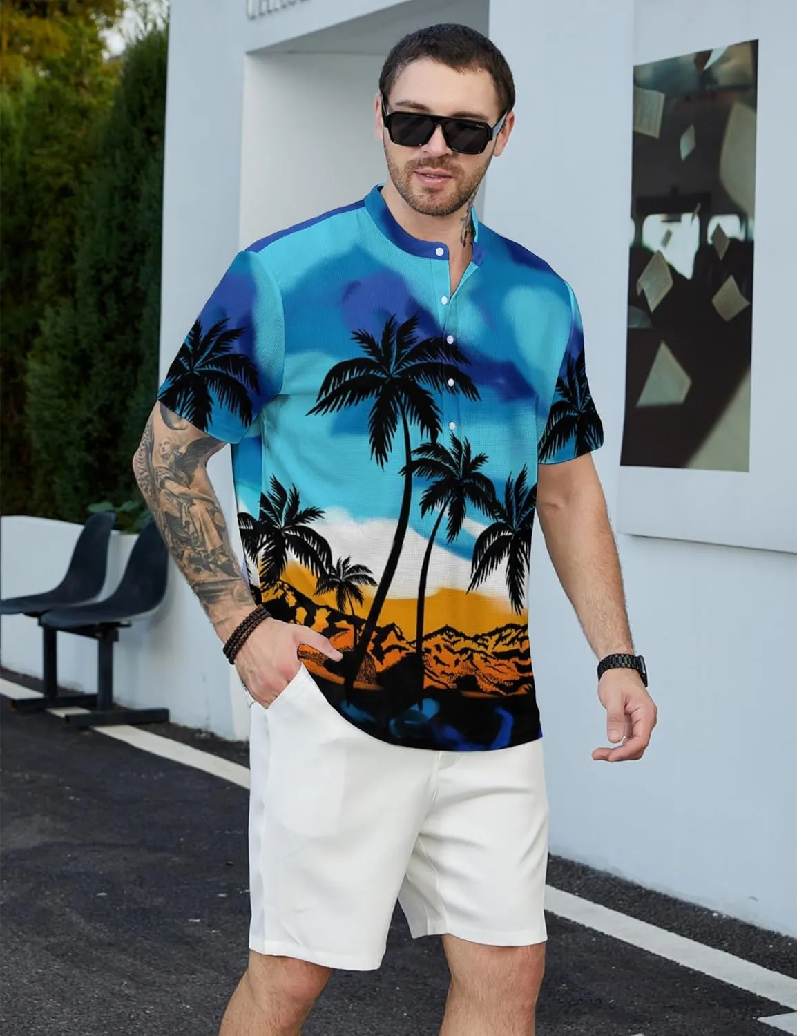 Hawaiian Mens Henley Polo Shirts Short Sleeve Quick Dry Funny Print Casual Collarless Golf Shirts for Men