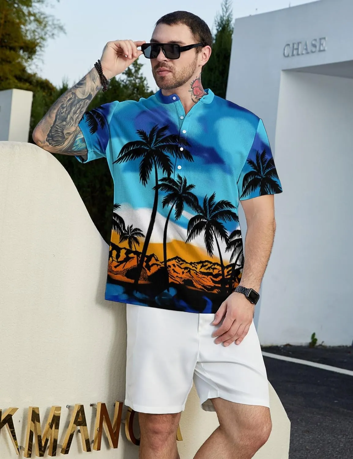 Hawaiian Mens Henley Polo Shirts Short Sleeve Quick Dry Funny Print Casual Collarless Golf Shirts for Men