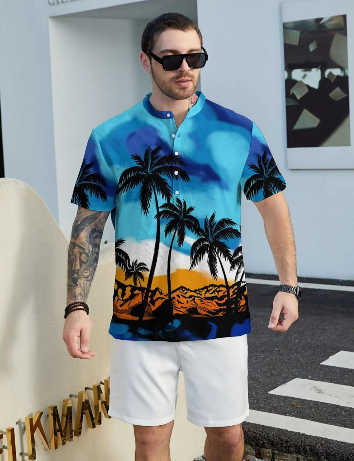 Hawaiian Mens Henley Polo Shirts Short Sleeve Quick Dry Funny Print Casual Collarless Golf Shirts for Men