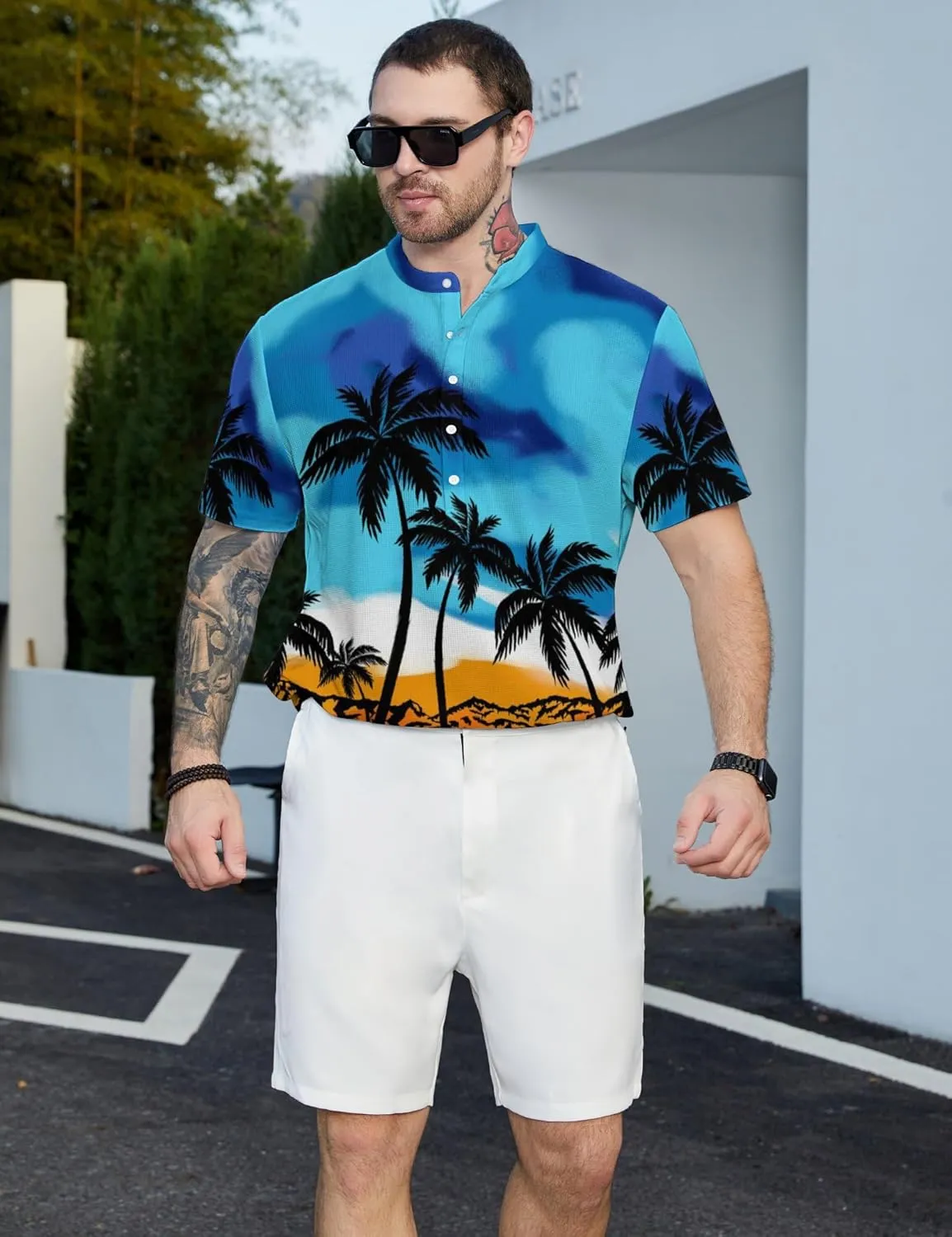 Hawaiian Mens Henley Polo Shirts Short Sleeve Quick Dry Funny Print Casual Collarless Golf Shirts for Men