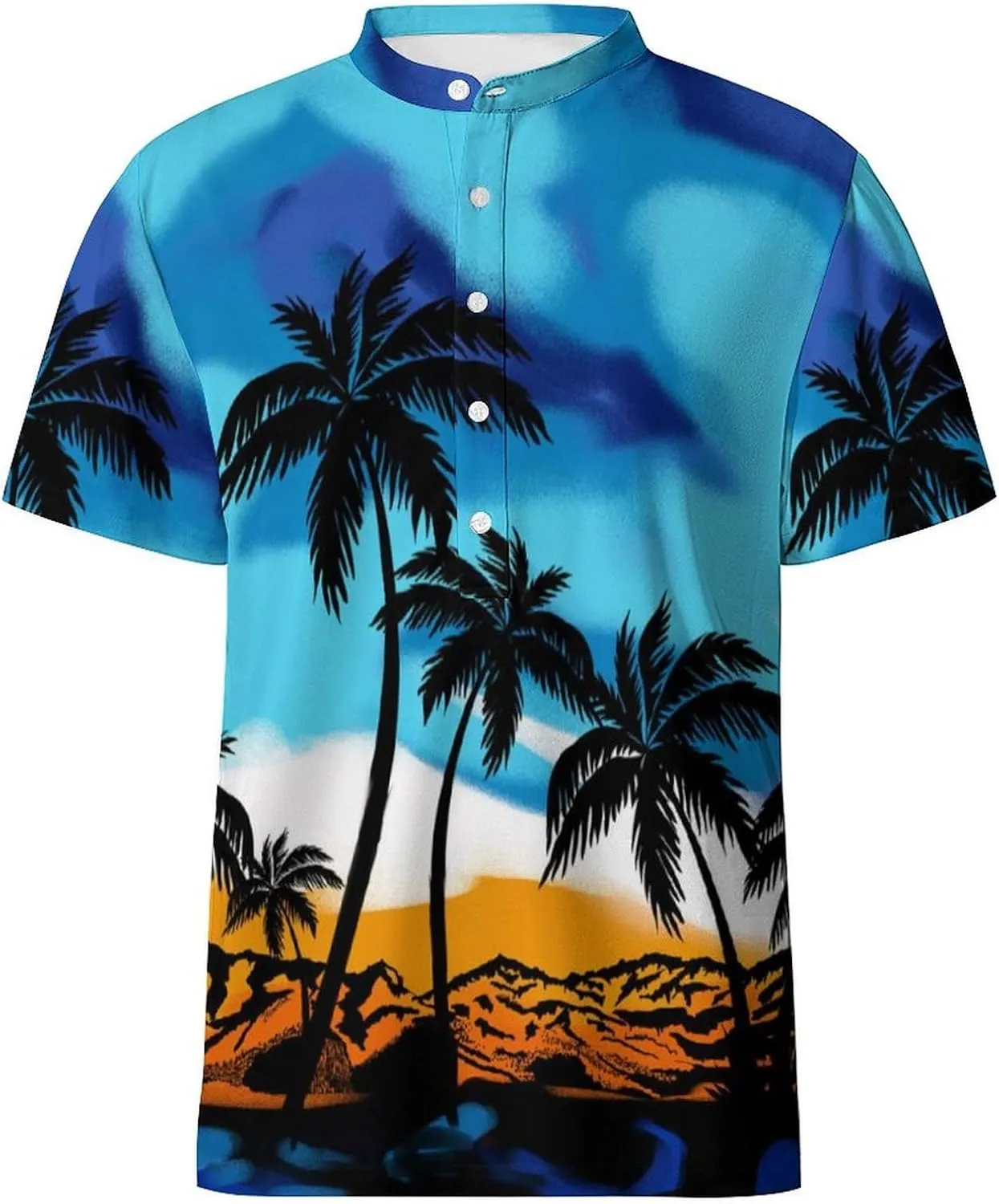 Hawaiian Mens Henley Polo Shirts Short Sleeve Quick Dry Funny Print Casual Collarless Golf Shirts for Men
