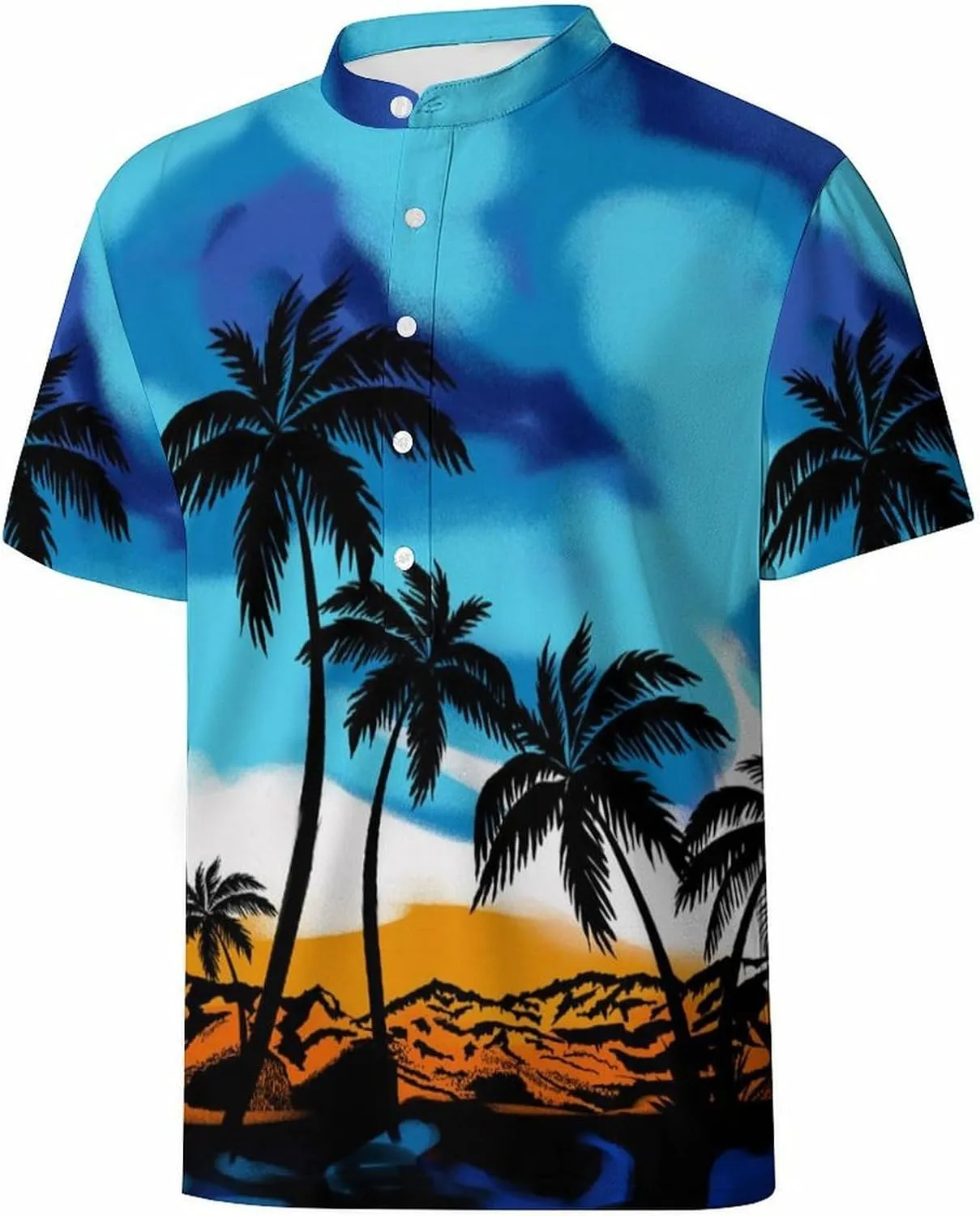 Hawaiian Mens Henley Polo Shirts Short Sleeve Quick Dry Funny Print Casual Collarless Golf Shirts for Men