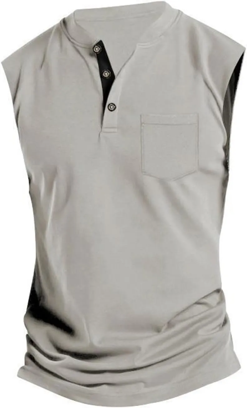 Henley Tank Top Men Summer Casual Sleeveless V Neck Button Up Muscle T Shirts with Pocket Beach Vacation Tops for Men