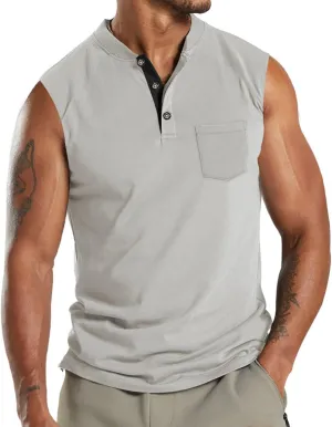 Henley Tank Top Men Summer Casual Sleeveless V Neck Button Up Muscle T Shirts with Pocket Beach Vacation Tops for Men