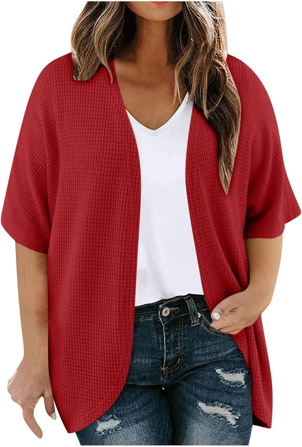 HGps8w Women's Waffle Cardigan Open Front Plus Size Summer Sun Shirts Loose Solid Short Sleeve Going Out Jacket Tops