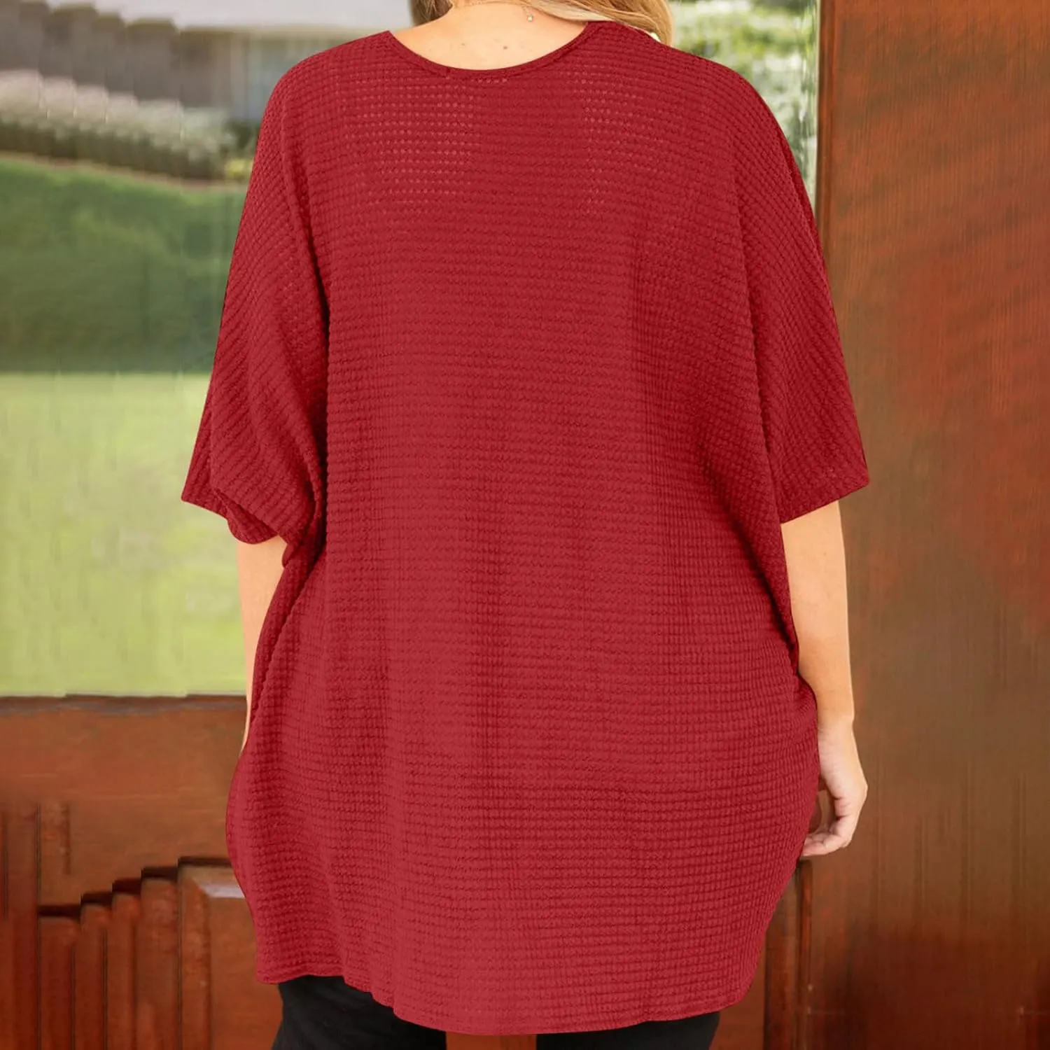 HGps8w Women's Waffle Cardigan Open Front Plus Size Summer Sun Shirts Loose Solid Short Sleeve Going Out Jacket Tops