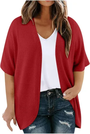 HGps8w Women's Waffle Cardigan Open Front Plus Size Summer Sun Shirts Loose Solid Short Sleeve Going Out Jacket Tops