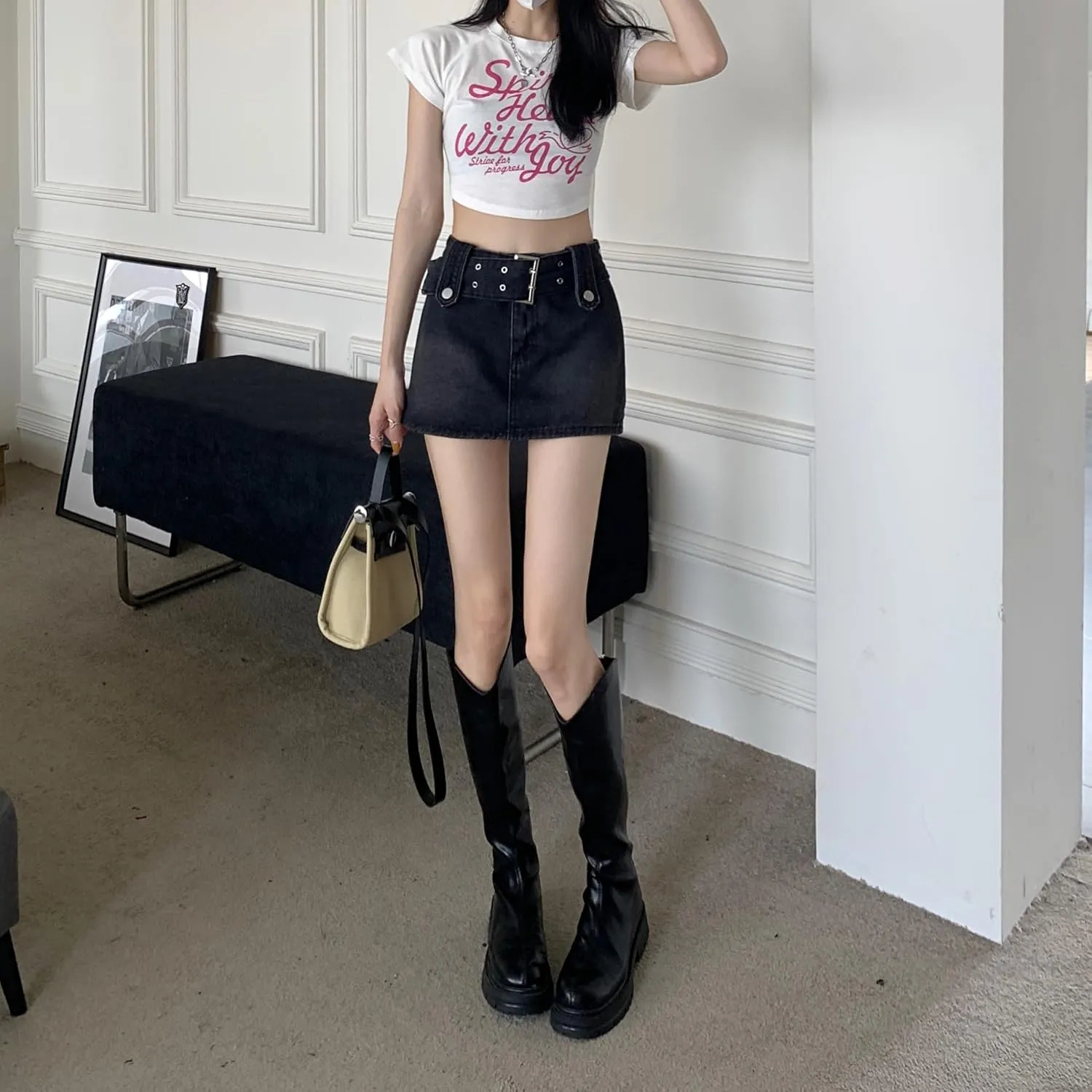 High Waisted Spicy Girl Skirt, Denim A-line Skirt, Short Stature, Slimming and Hip Hugging Skirt