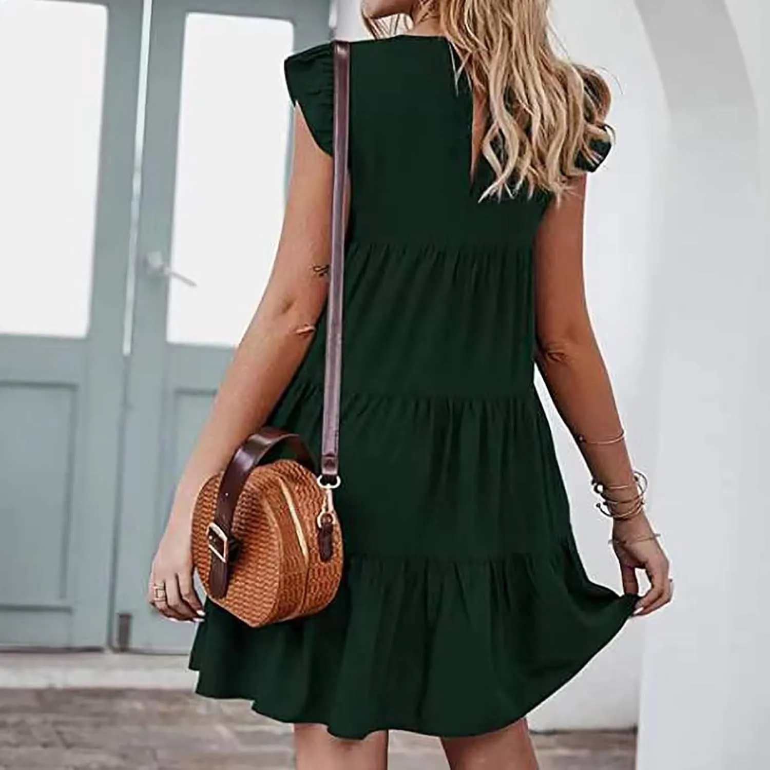 hlysgo Women's Summer Dresses Sleeveless Ruffle Sleeve Casual Solid Color Loose Short Flowy Pleated Mini Babydoll Dress