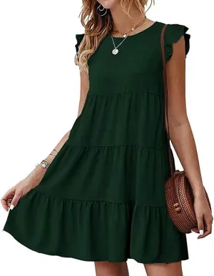 hlysgo Women's Summer Dresses Sleeveless Ruffle Sleeve Casual Solid Color Loose Short Flowy Pleated Mini Babydoll Dress