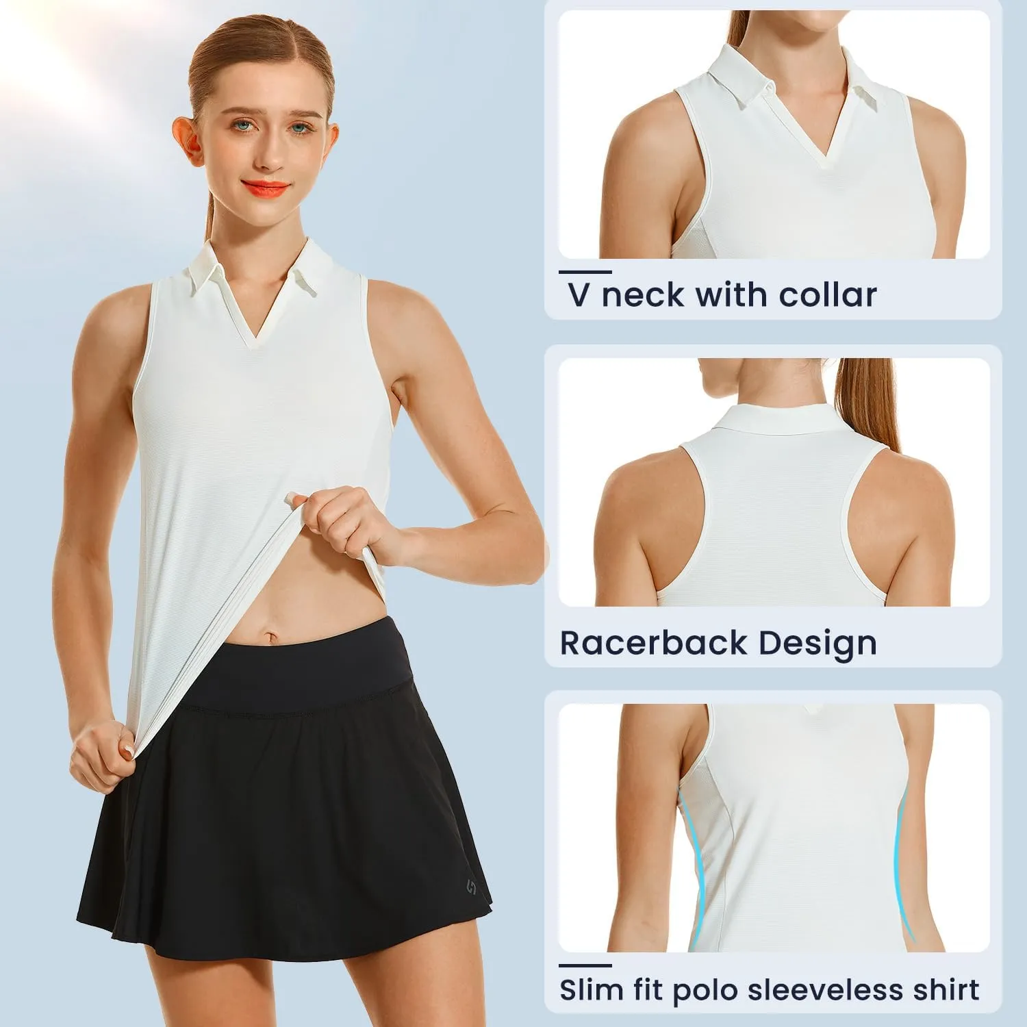 HODOSPORTS Women's Sleeveless Golf Polo Shirts V-Neck Tennis Shirts Quick Dry Racerback Tank Tops