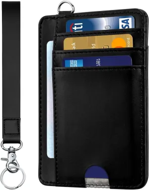 HOTCOOL Card Holder Keychian and Lanyard Wallet Front Pocket Minimalist Travel Cute Funny Thin Leather With RFID Blocking Small Credit Card Holder Wallet for Men & Women Girls Organizer Gifts
