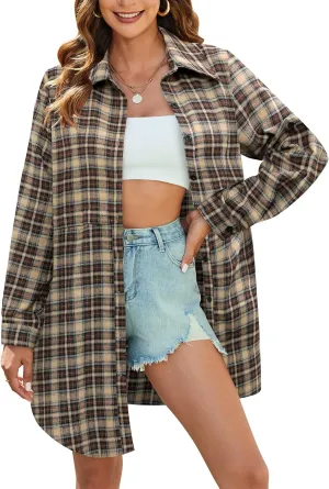 HOTOUCH Womens Flannel Plaid Shirts Roll Up Long Sleeve Mid-Long Casual Boyfriend Shirts with Pockets