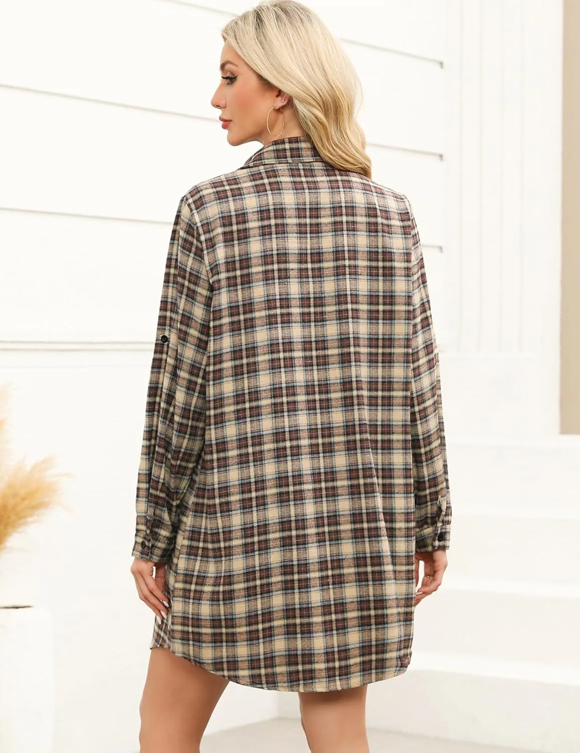 HOTOUCH Womens Flannel Plaid Shirts Roll Up Long Sleeve Mid-Long Casual Boyfriend Shirts with Pockets