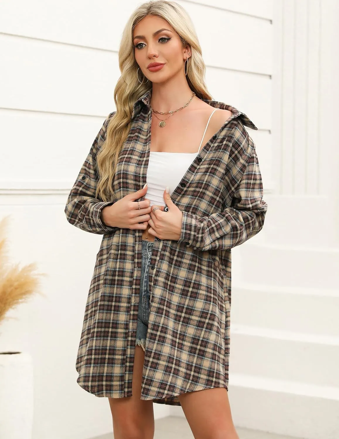 HOTOUCH Womens Flannel Plaid Shirts Roll Up Long Sleeve Mid-Long Casual Boyfriend Shirts with Pockets