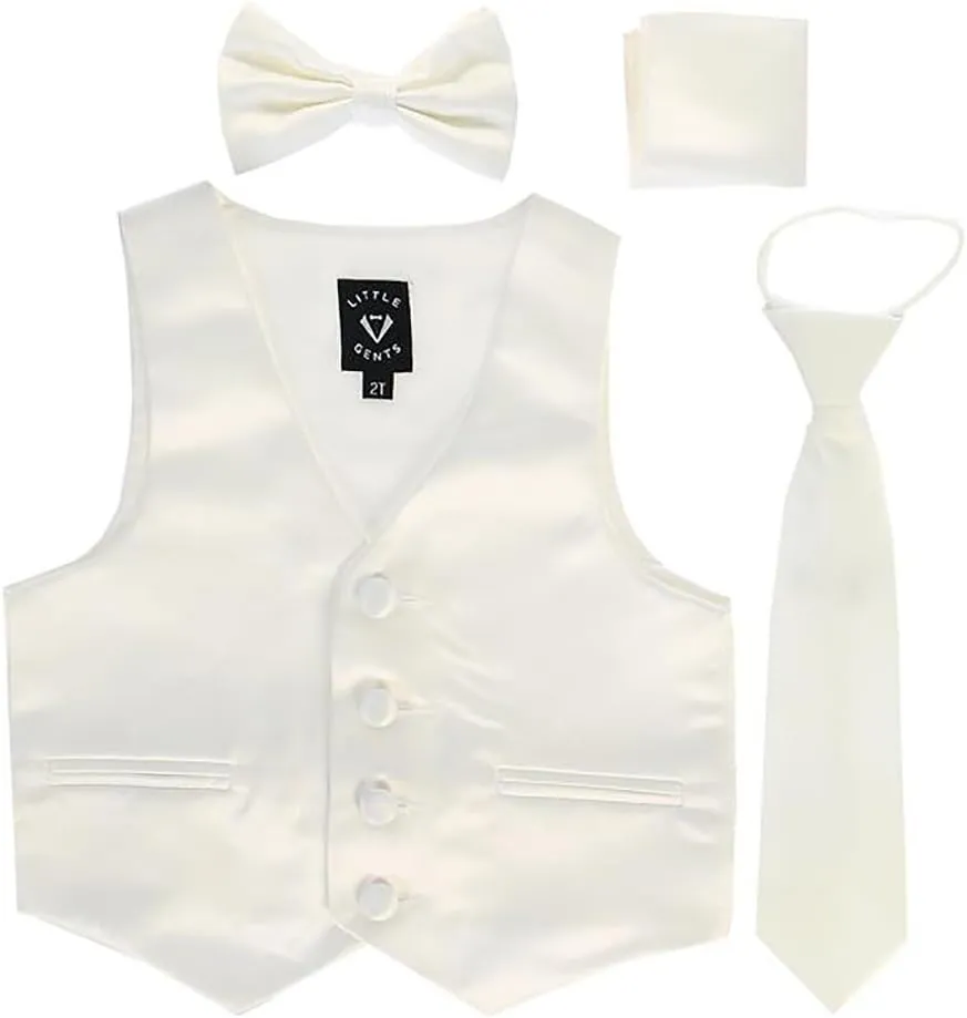 iGirlDress Boys 4 Piece Formal Satin Vest Set Zipper Tie Bowtie Hanky