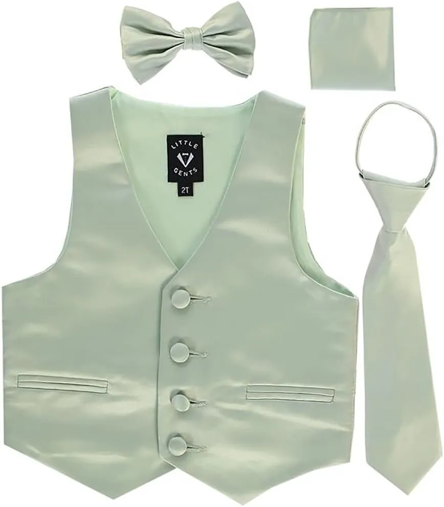iGirlDress Boys 4 Piece Formal Satin Vest Set Zipper Tie Bowtie Hanky