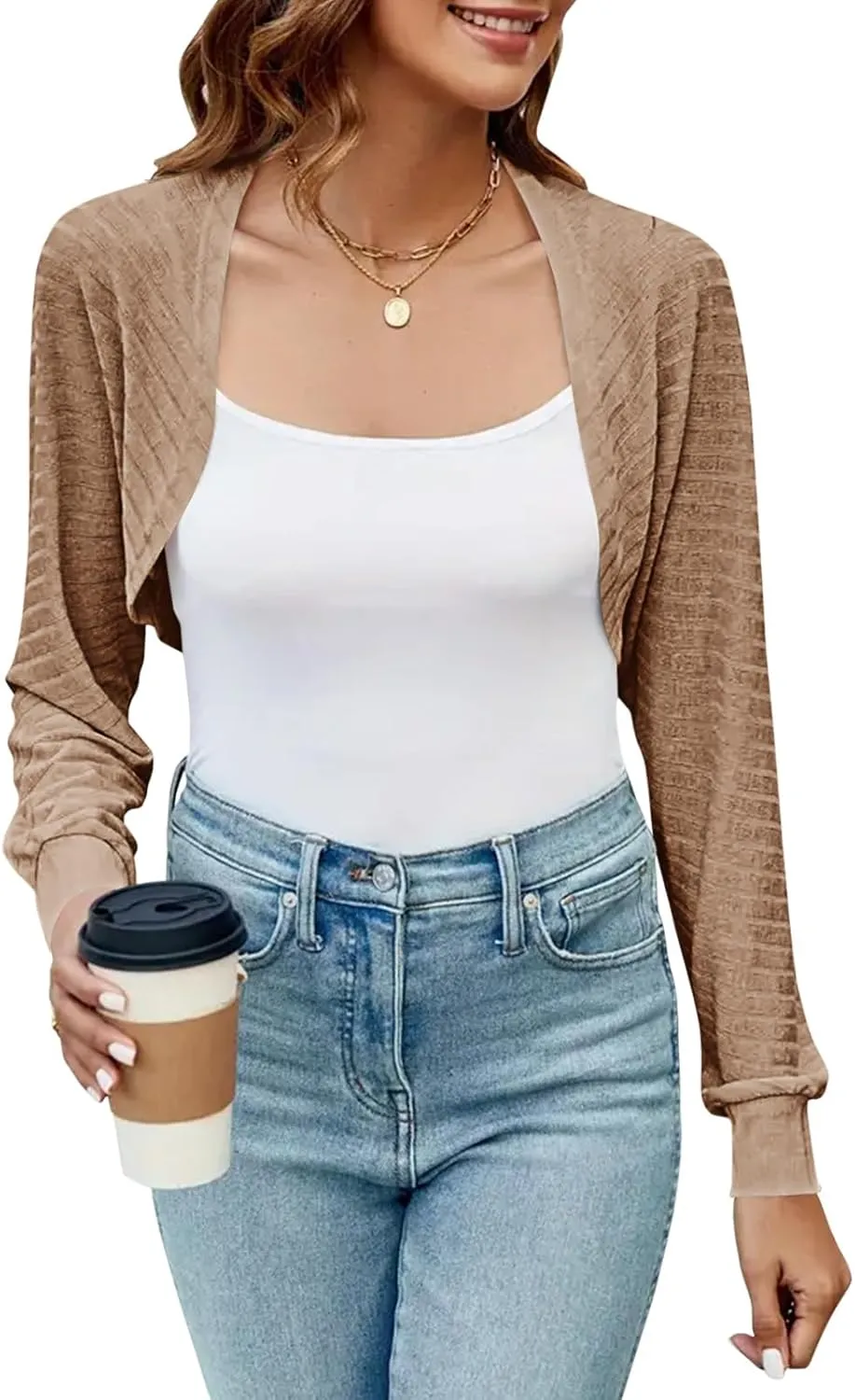 Imily Bela Women's Summer Cropped Cardigan Casual Long Sleeve Knit Sweaters Open Front Bolero Shrugs for Dresses