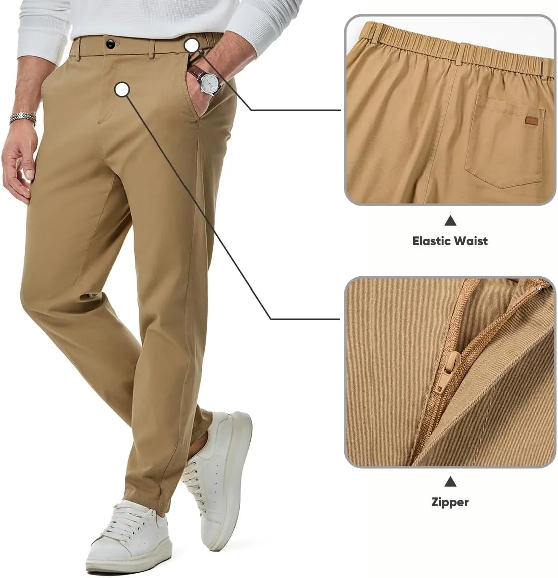 JMIERR Men's Chino Pants Casual Stretch Waist Tapered Trousers with Pockets