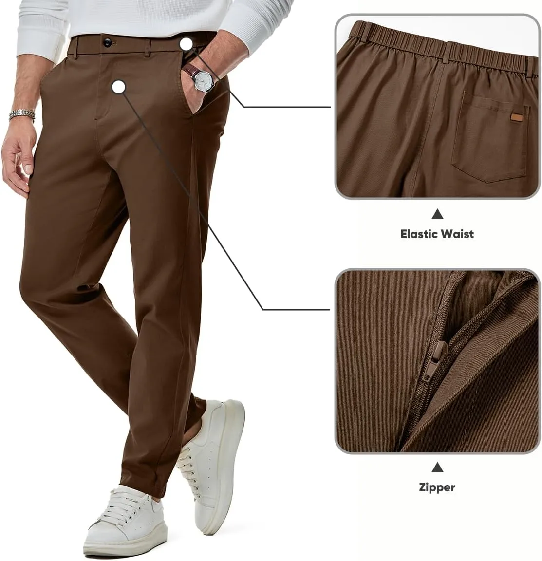 JMIERR Men's Chino Pants Casual Stretch Waist Tapered Trousers with Pockets