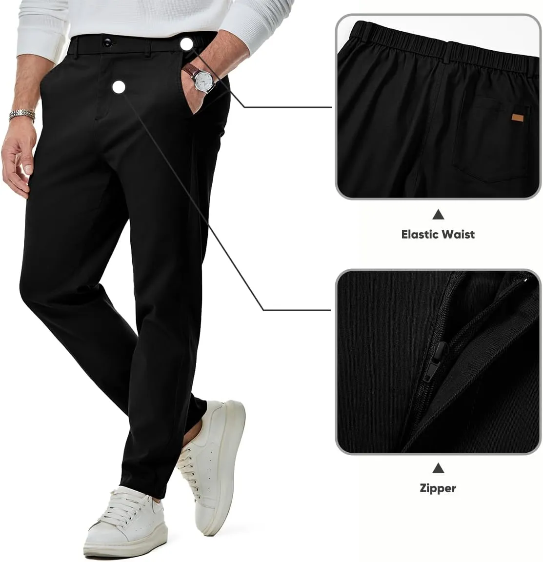 JMIERR Men's Chino Pants Casual Stretch Waist Tapered Trousers with Pockets