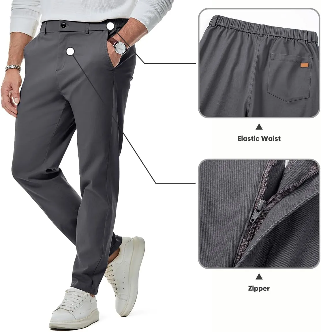 JMIERR Men's Chino Pants Casual Stretch Waist Tapered Trousers with Pockets