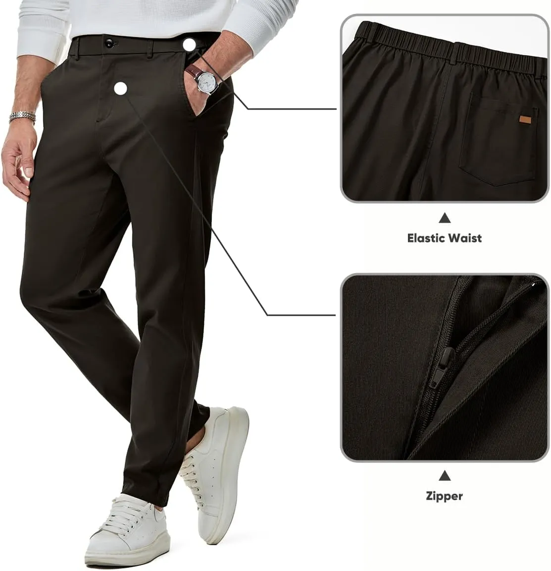 JMIERR Men's Chino Pants Casual Stretch Waist Tapered Trousers with Pockets