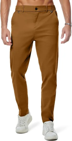 JMIERR Men's Stretch Chino Pants Casual Stretch Waist Slim Fit Tapered Cotton Twill Trousers Dress Pants with Pockets, M, Camel Brown