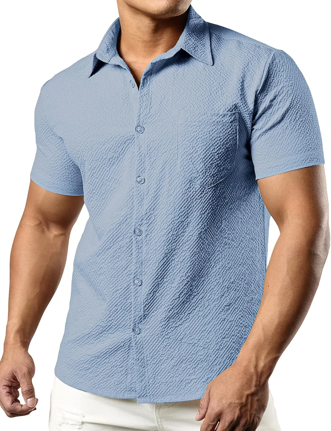 JOGAL Men's Button Down Shirts Short Sleeve Casual Shirts Textured Summer Beach Wedding Shirts