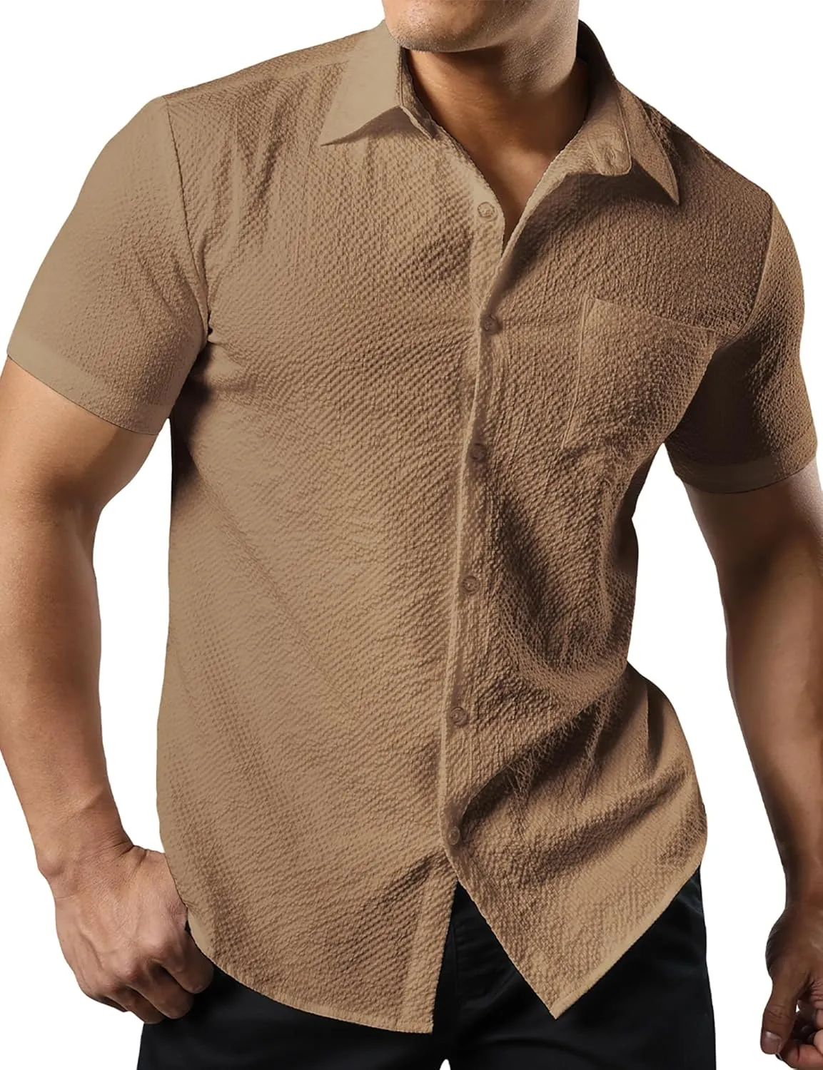 JOGAL Men's Button Down Shirts Short Sleeve Casual Shirts Textured Summer Beach Wedding Shirts