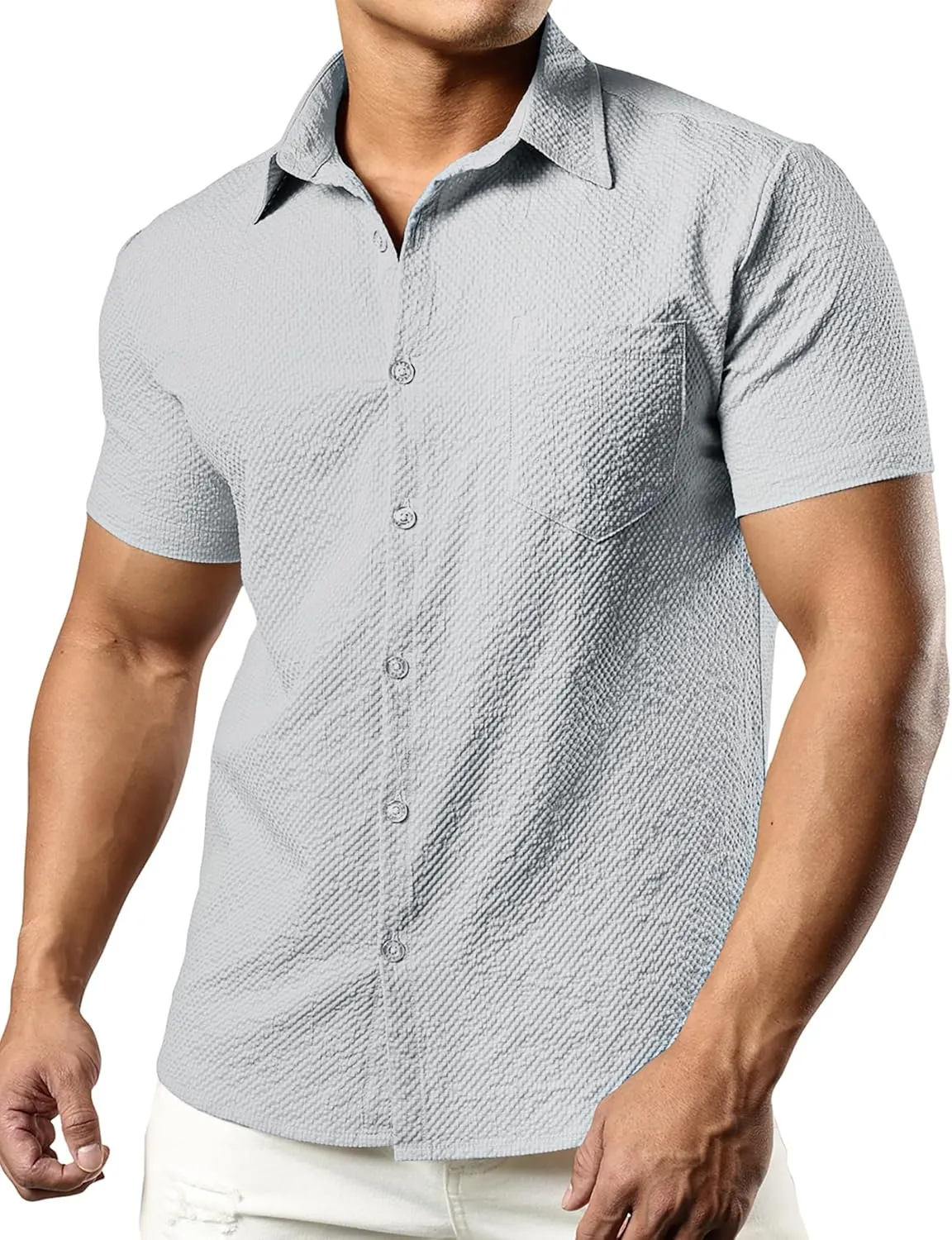 JOGAL Men's Button Down Shirts Short Sleeve Casual Shirts Textured Summer Beach Wedding Shirts