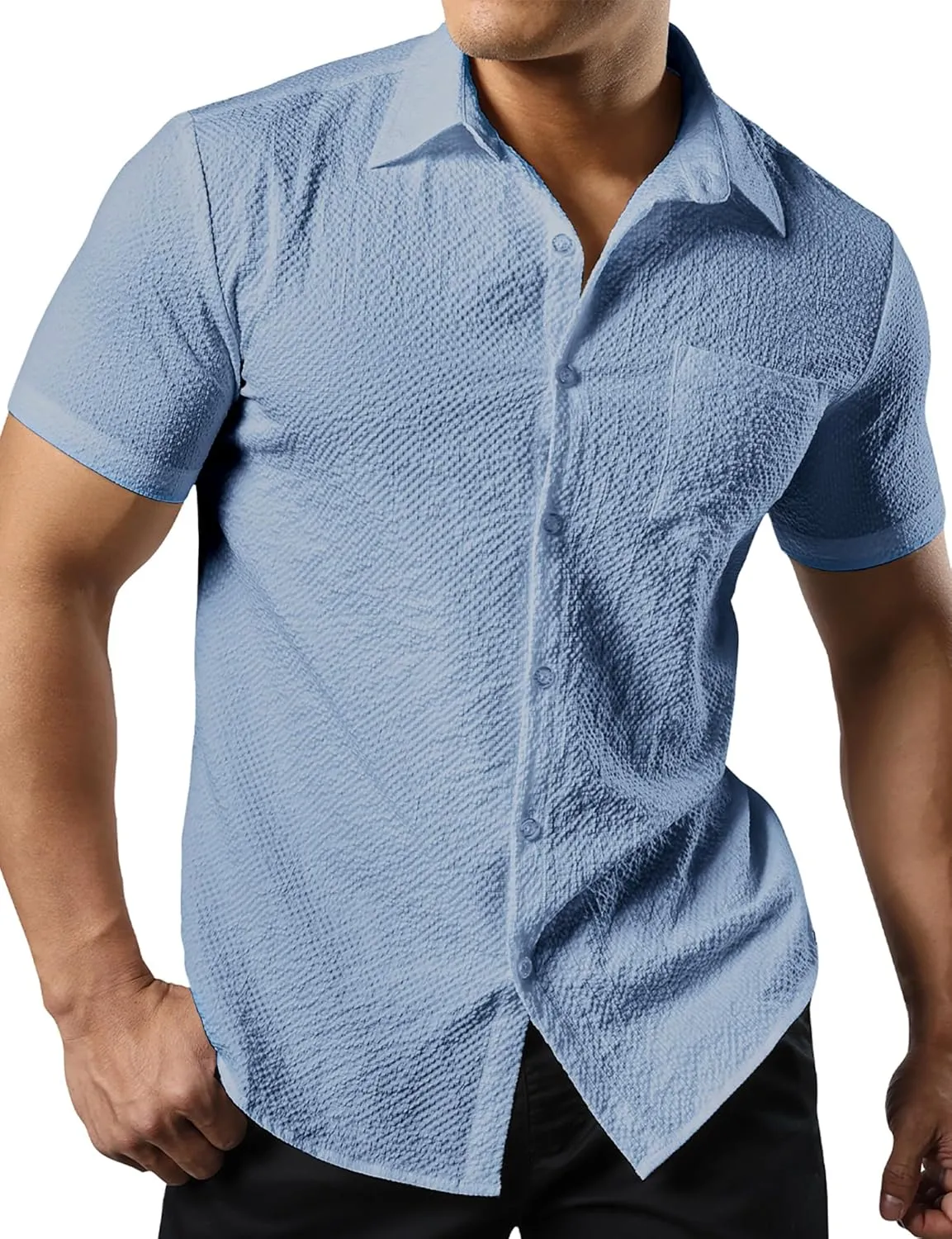 JOGAL Men's Button Down Shirts Short Sleeve Casual Shirts Textured Summer Beach Wedding Shirts
