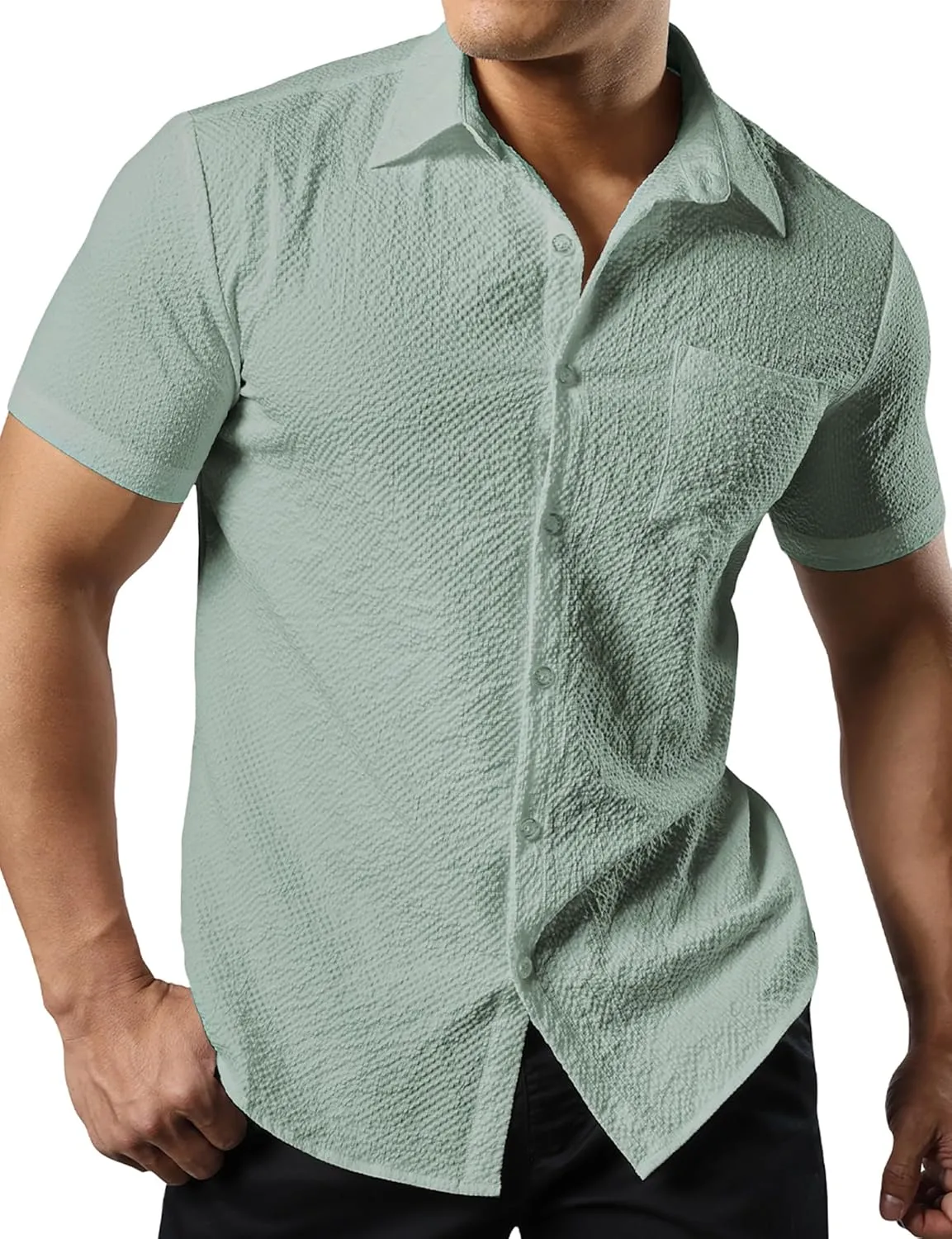 JOGAL Men's Button Down Shirts Short Sleeve Casual Shirts Textured Summer Beach Wedding Shirts