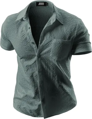JOGAL Men's Button Down Shirts Short Sleeve Casual Shirts Textured Summer Beach Wedding Shirts